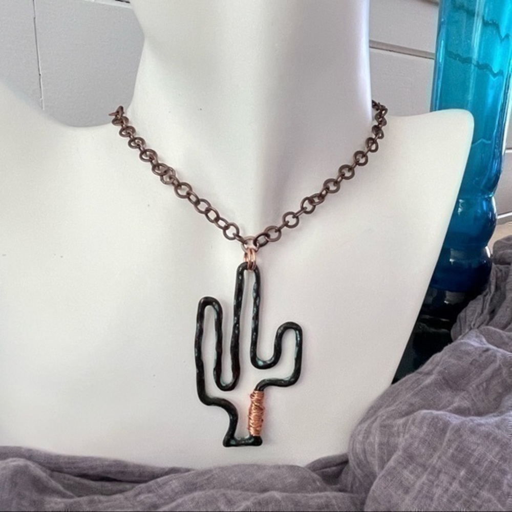 $49 SALE Handmade Aged Mixed Metal Saguaro Cactus Statement Necklace 19” Western